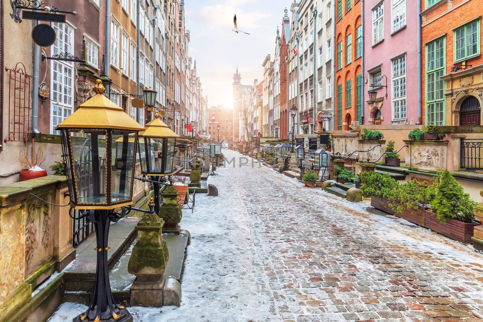 Old European Street Mariacka in Gdansk, Poland, morning view, no people.