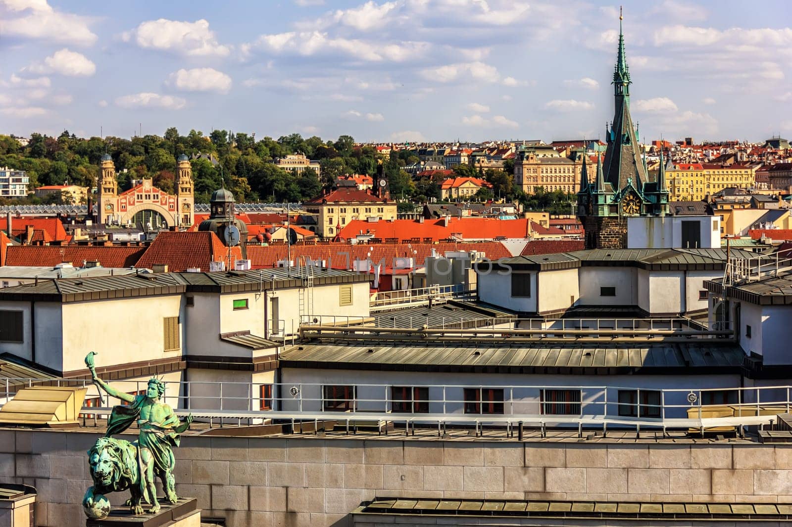 Czech National Bank building statue and the Jindrisska Tower view, Prague.
