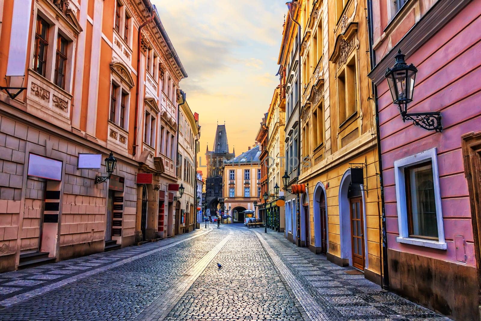 Prague street and the Powder Gate, no people.