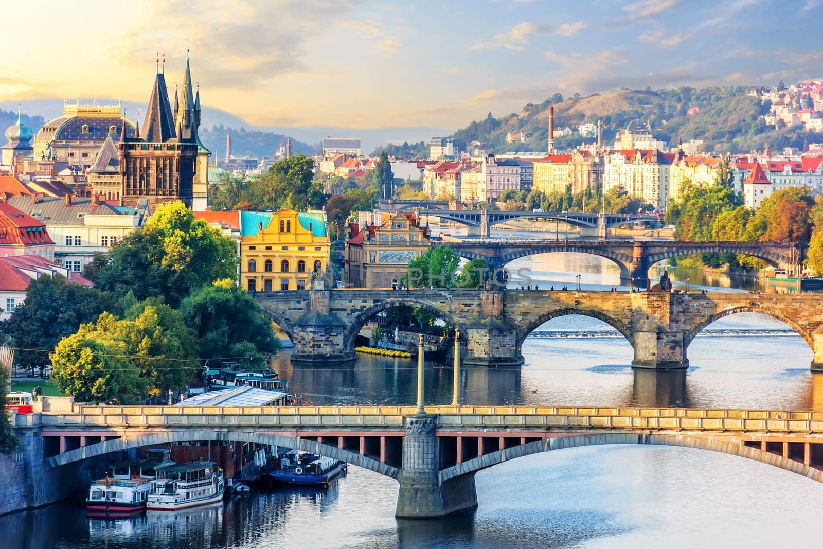 Manes Bridge and Charles Bridge over the Vltava, Old Town Bridge Tower and  National Theatre of Prague.