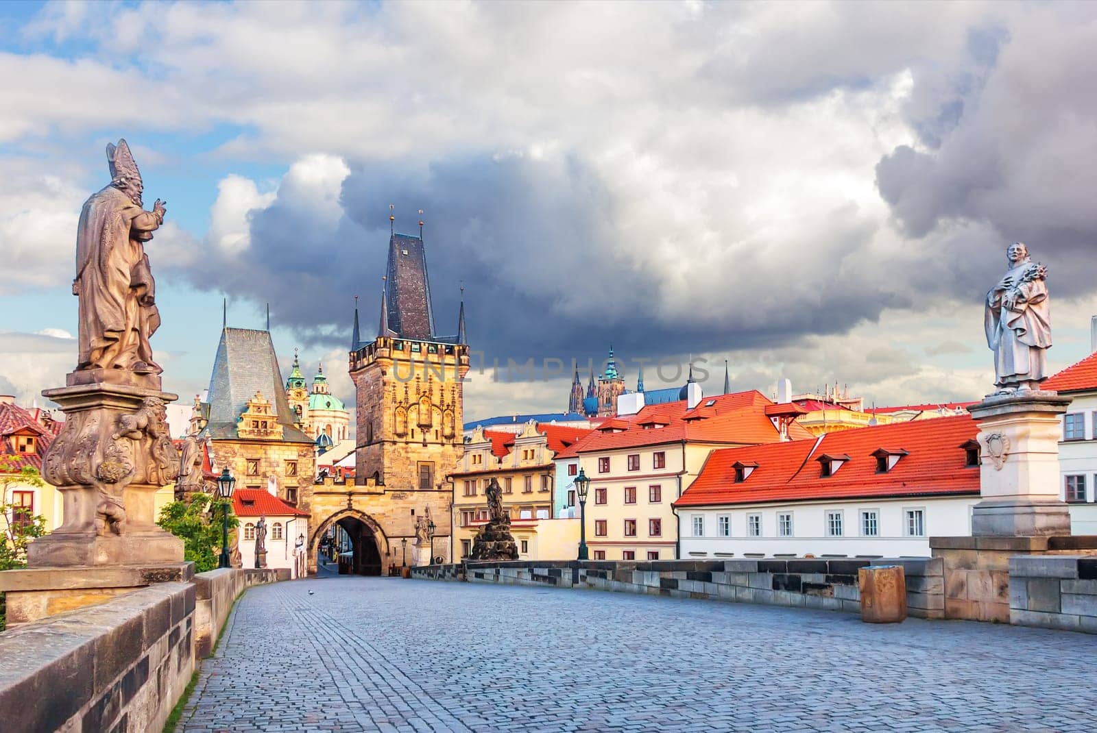 Charles Bridge with Statues of Saint Augustine of Hippo and St Philip Benitius, Lesser Town of Prague.