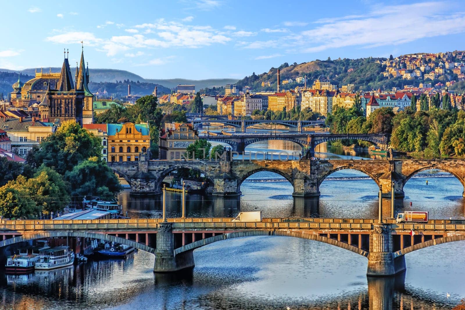 Manes Bridge, Charles Bridge and Legion Bridge view in Prague, Czech Republic.