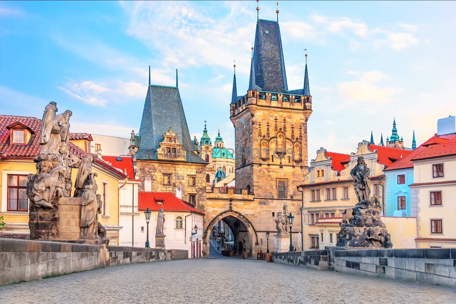 A view of the bridge tower at the end of the Charles Bridge on the side of Mala Strana, Prague.