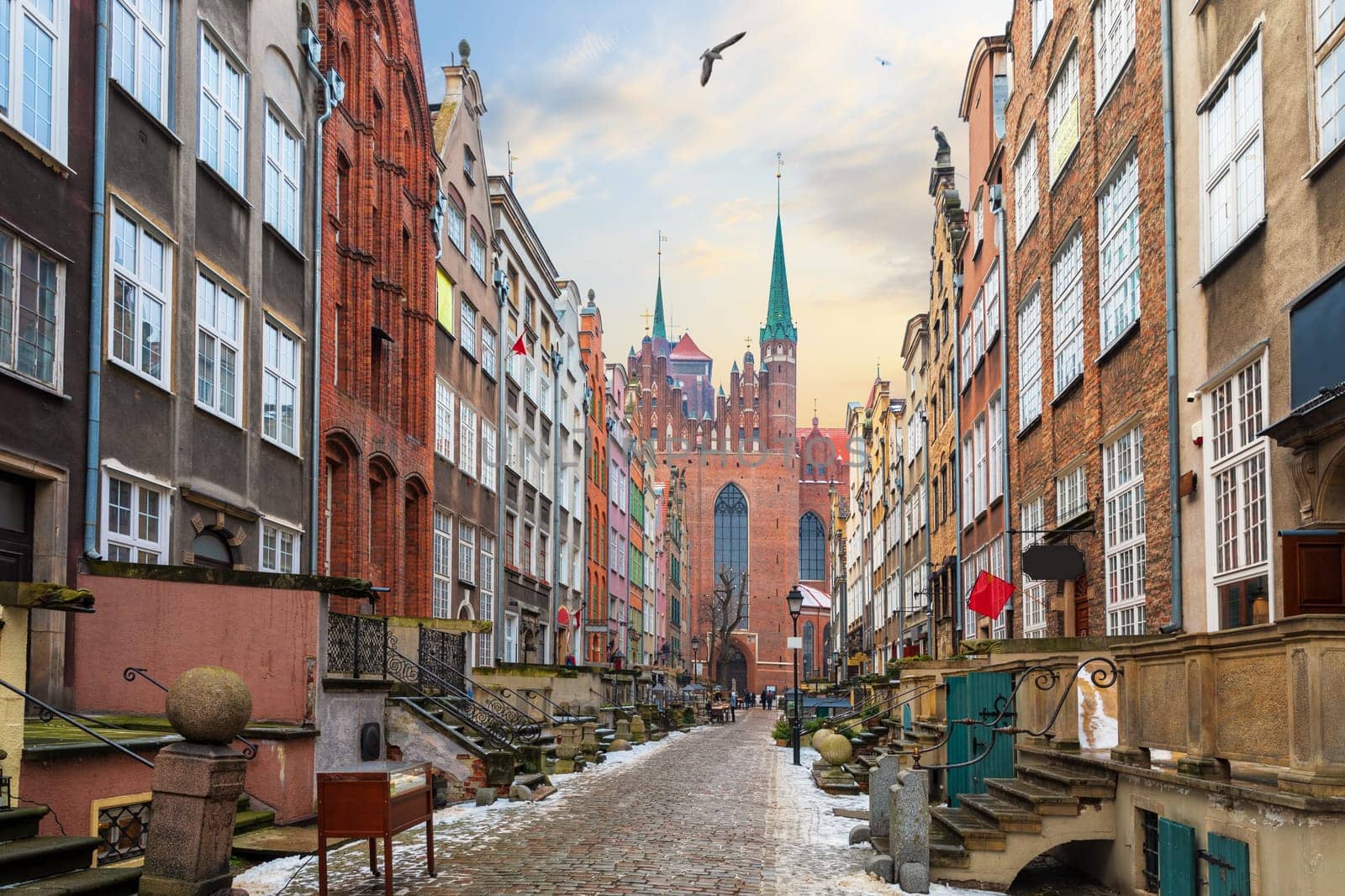 Famous street of Gdansk, Mariacka street, view on St Mary's Church, Poland.