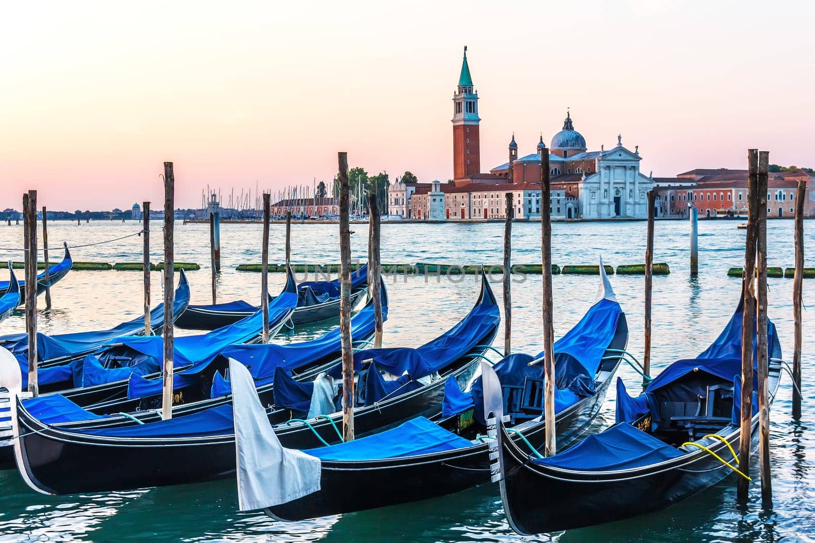 Gondolas in Venice, view of the Grand Canal.