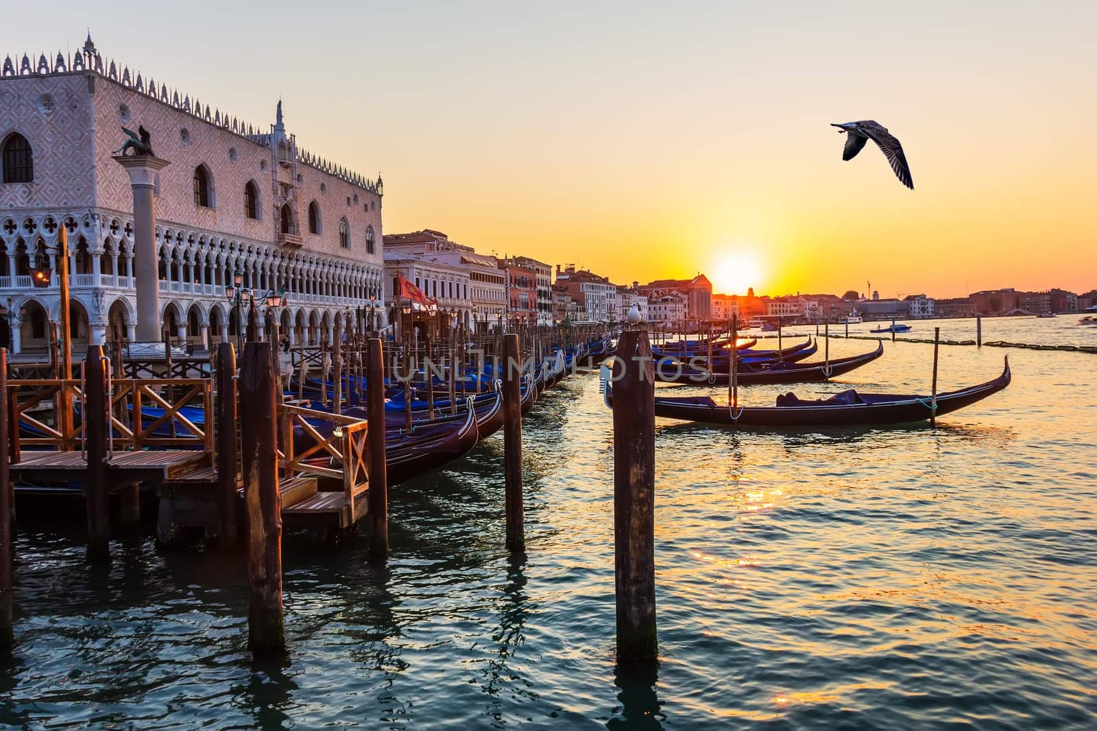 Doge's Palace and gondolas nearby at sunset, Venice, Italy.