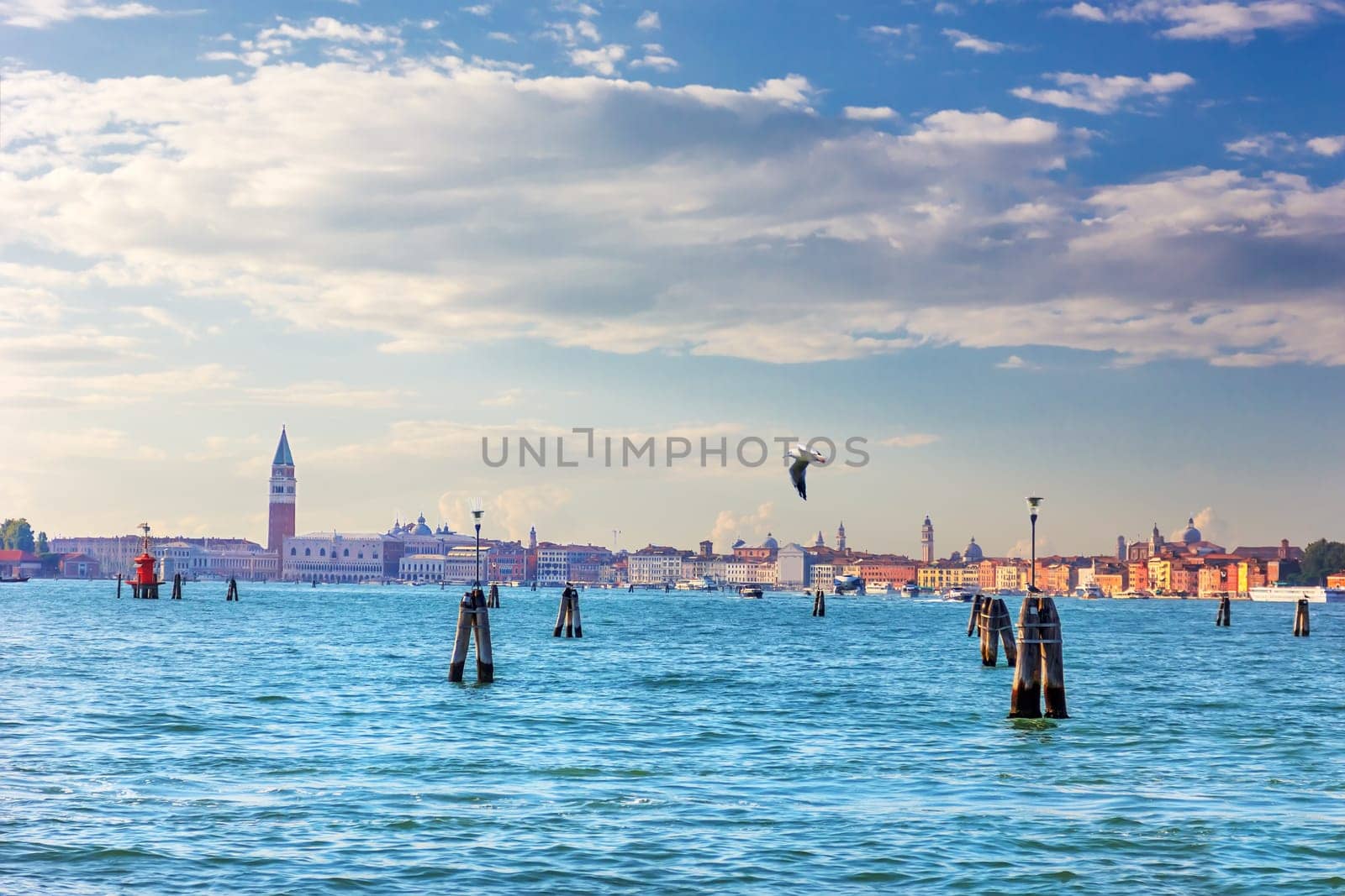 San Marco Square, Doge's palace and other sights of Venice, view from the lagoon and piers.