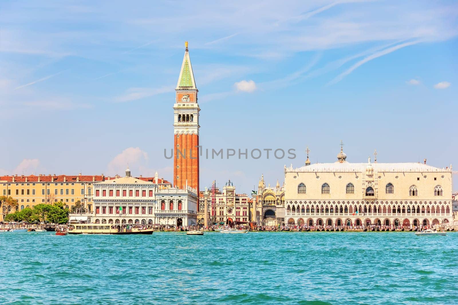Piazza San Marco and other Venice sights, view from the sea.