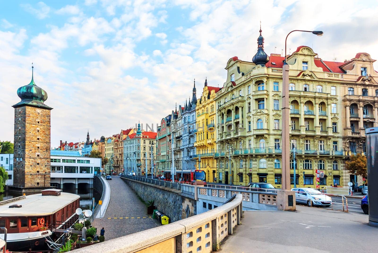 Prague old buildings, view from Jirasek Bridge near the Dancing House.
