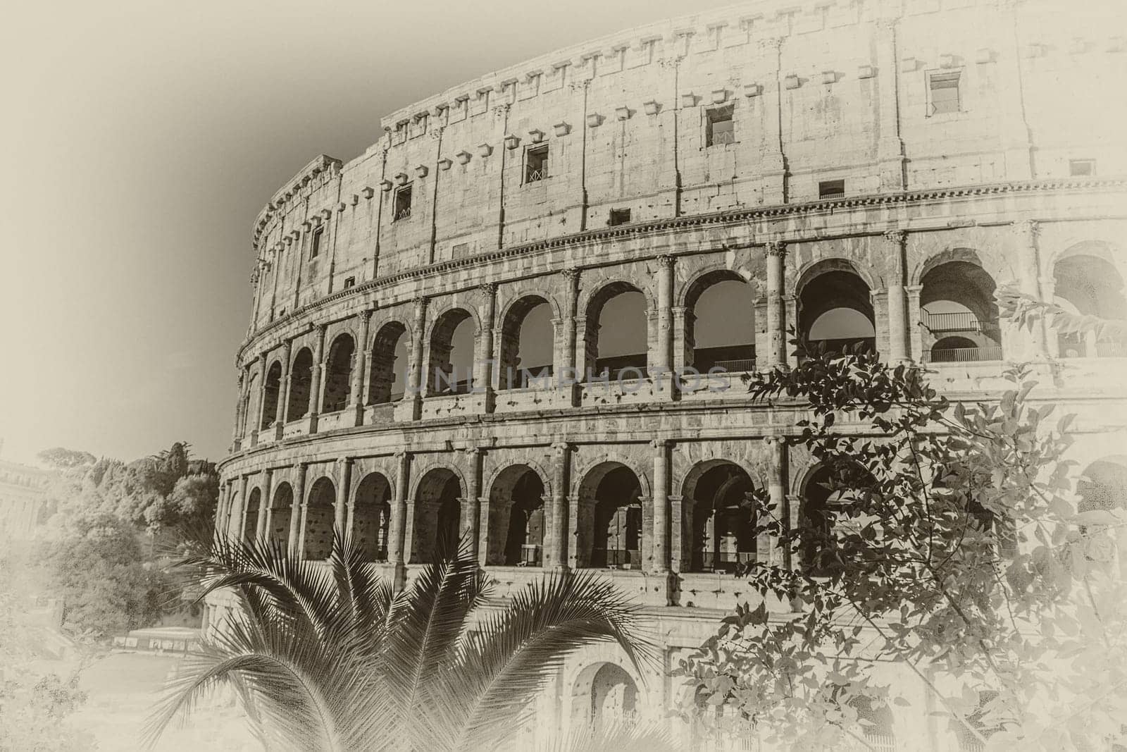 The Colosseum detailed view in retro style, Rome, Italy.