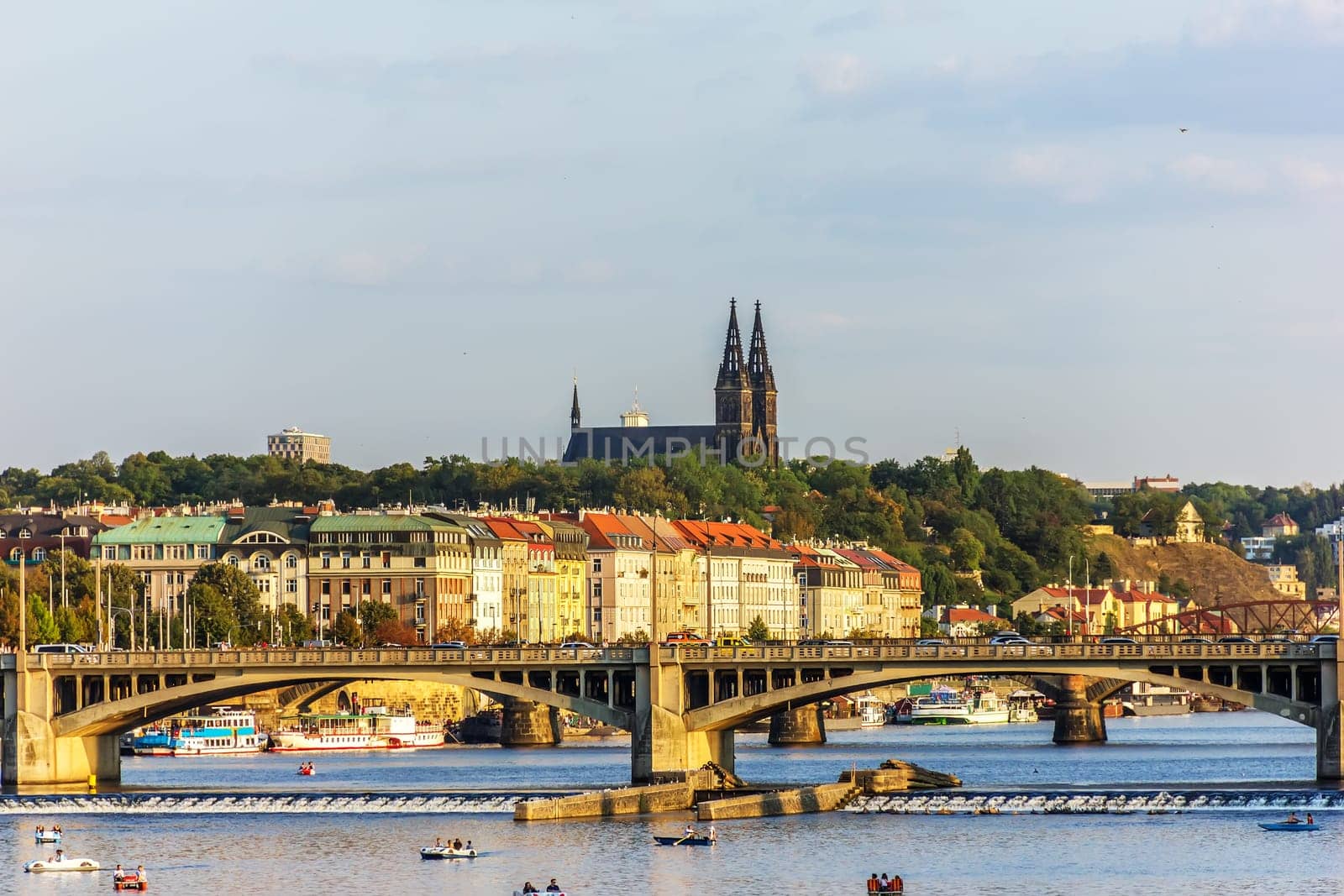 Jiraskuv bridge and view on Vysehrad fort, Prague.