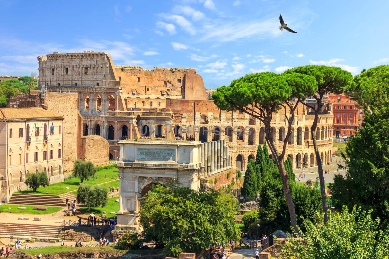 Roman Coliseum and the Arch of Titus summer view, no people.