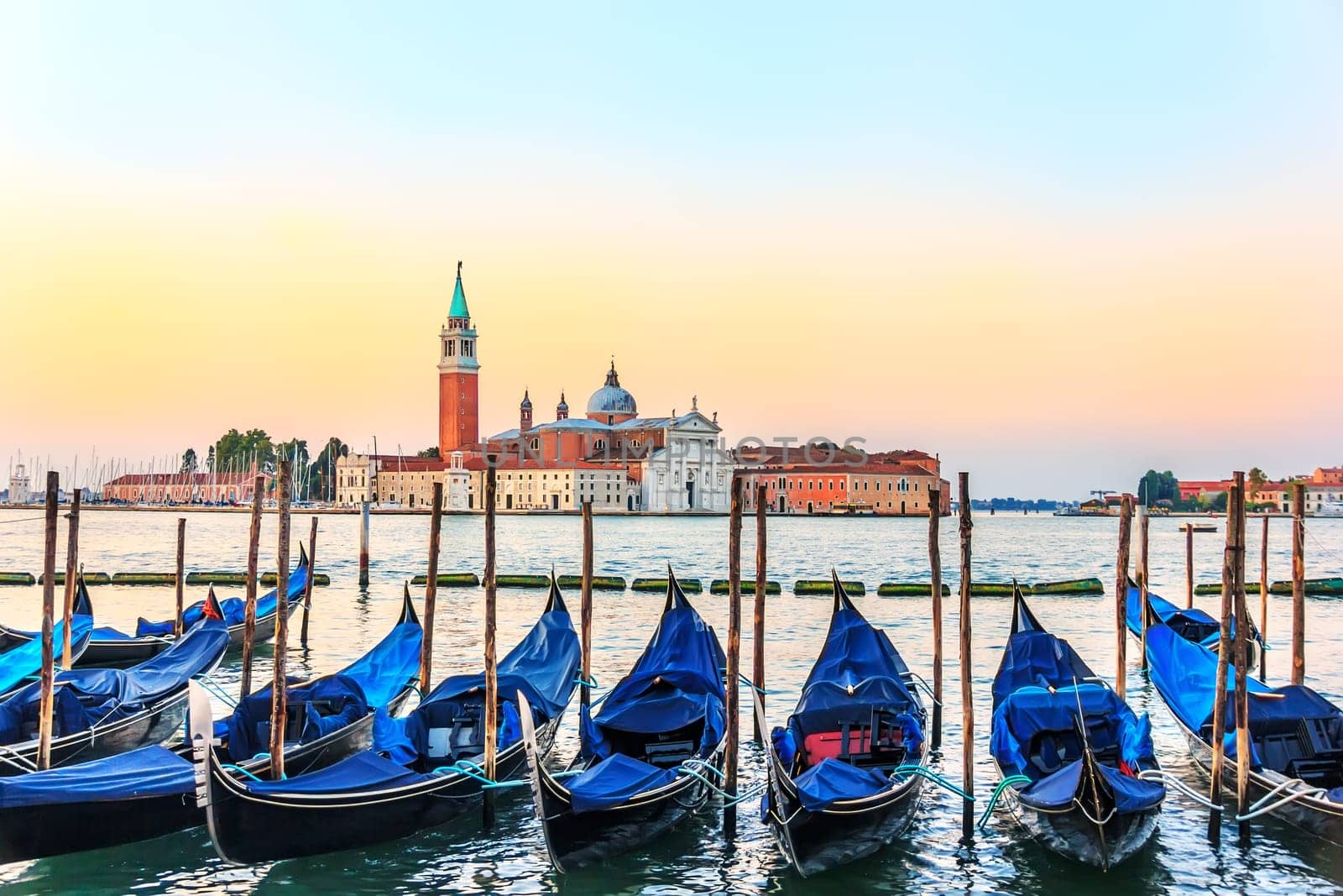 Venetian gondolas in front of San Giorgio Maggiore Island.