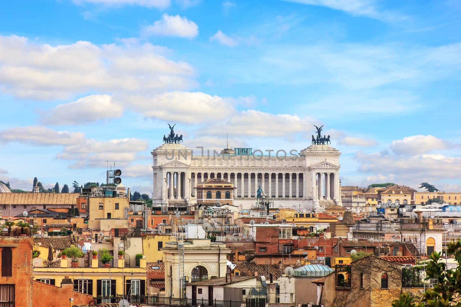 Vittoriano or Altar of the Fatherland, Rome, aerial view from Villa Borghese.