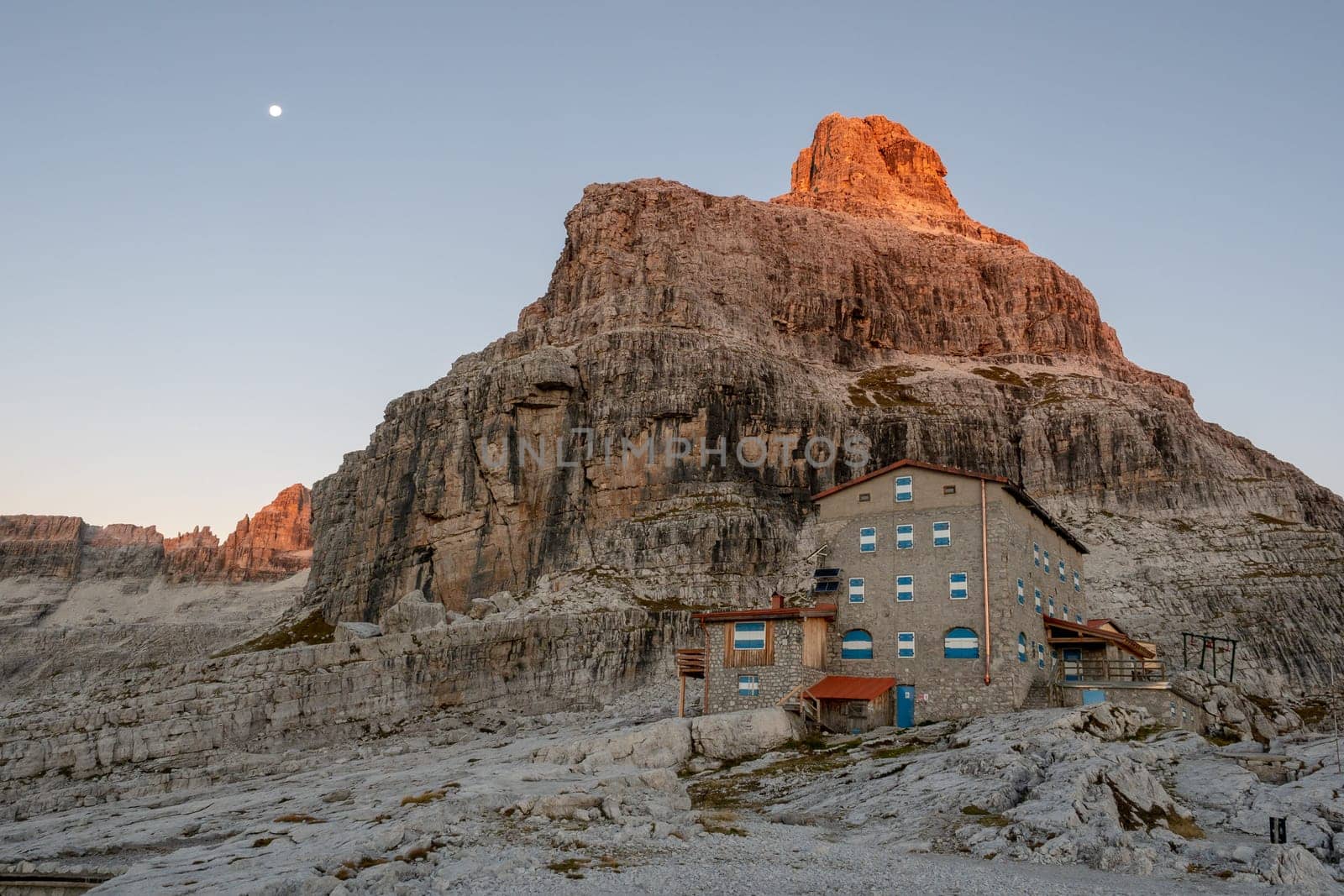 Mountain peaks in the Dolomites Alps. Beautiful nature of Italy. Chalet Pedrotti.