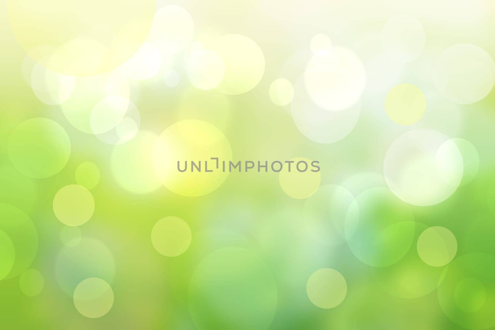 Abstract bright spring or summer landscape texture with natural green bokeh lights and yellow circular lights. Autumn or summer background with copy space.