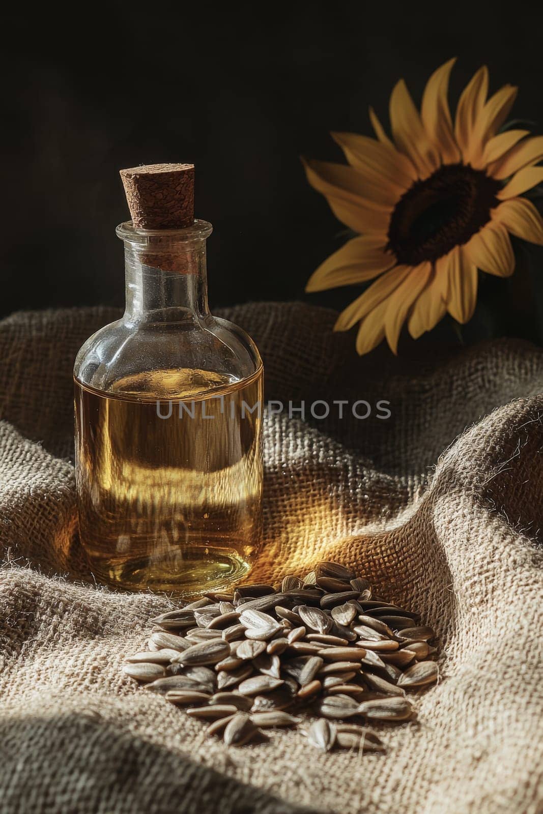 Sunflower oil extract in small bottle on wooden table, Generative AI, food