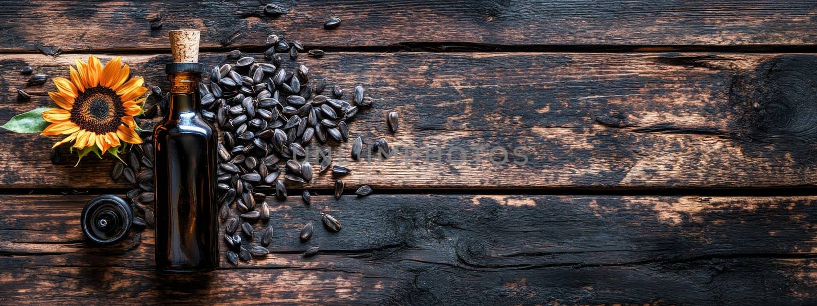 Sunflower oil extract in small bottle on wooden table, Generative AI, food