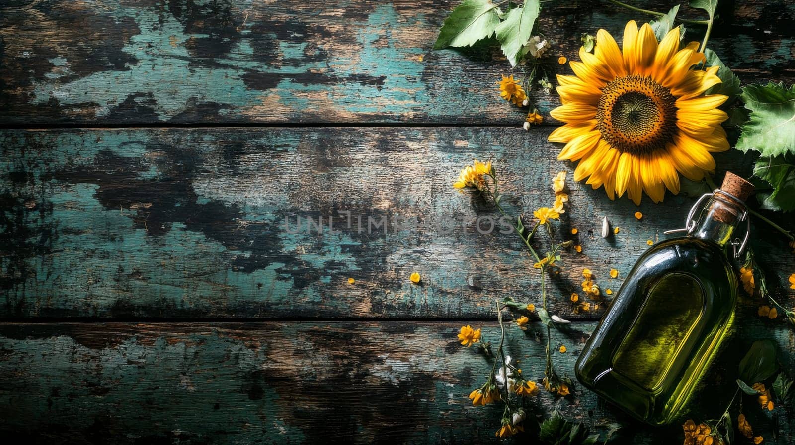 Sunflower oil extract in small bottle on wooden table, Generative AI, food