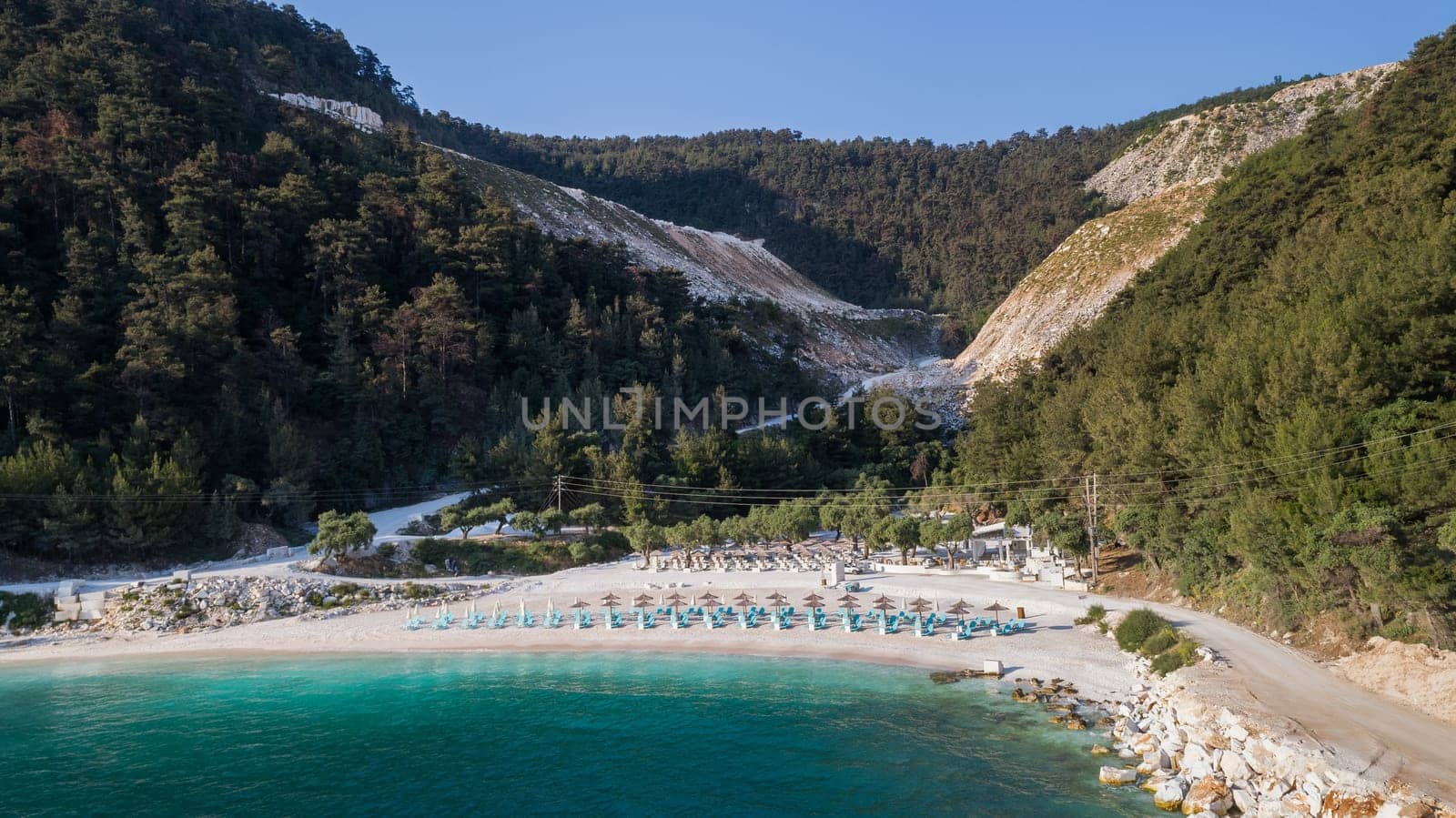 Aerial view of Porto Vathy beach. Thassos island, Greece