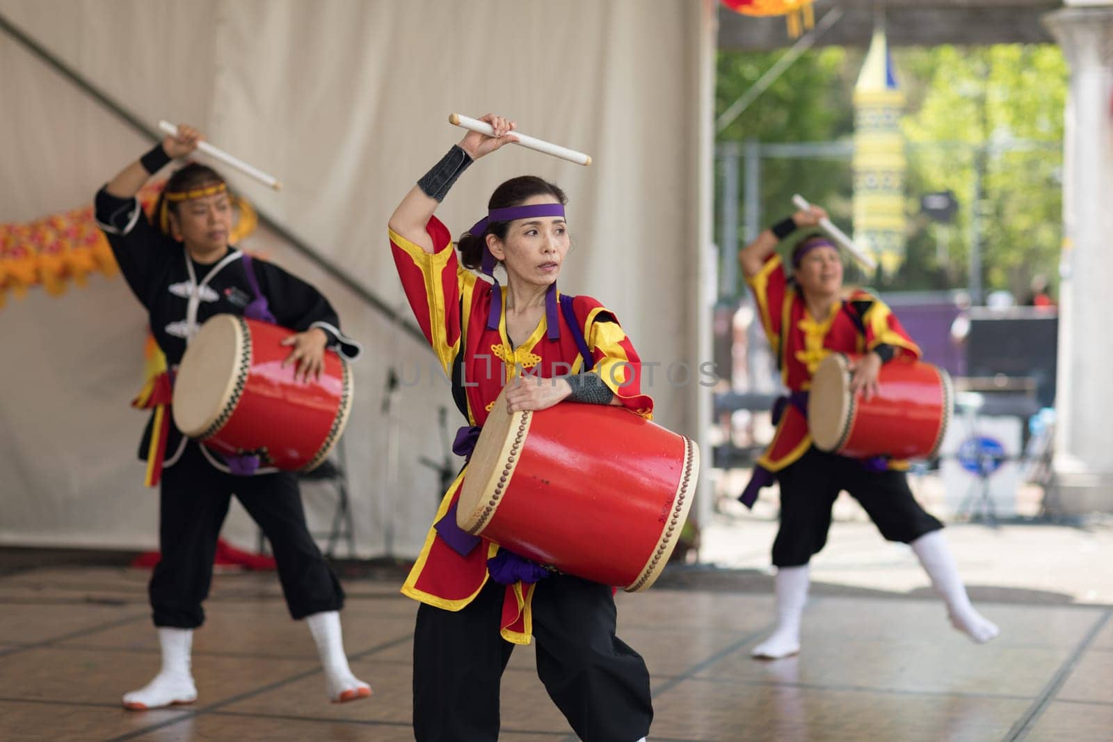 Columbus, Ohio, USA - May 27, 2018 Members of the Ryukyukoku Matsuri Daiko perform okinawan drum dance at the Asian Festival.