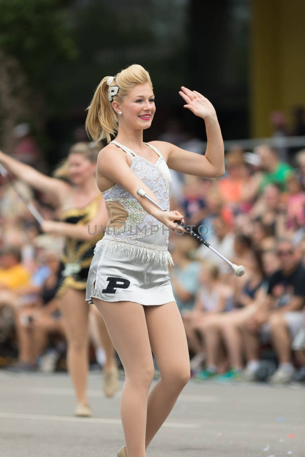 Indianapolis, Indiana, USA - May 26, 2018, Purdue University Cheerleaders perform at the Indy 500 Parade
