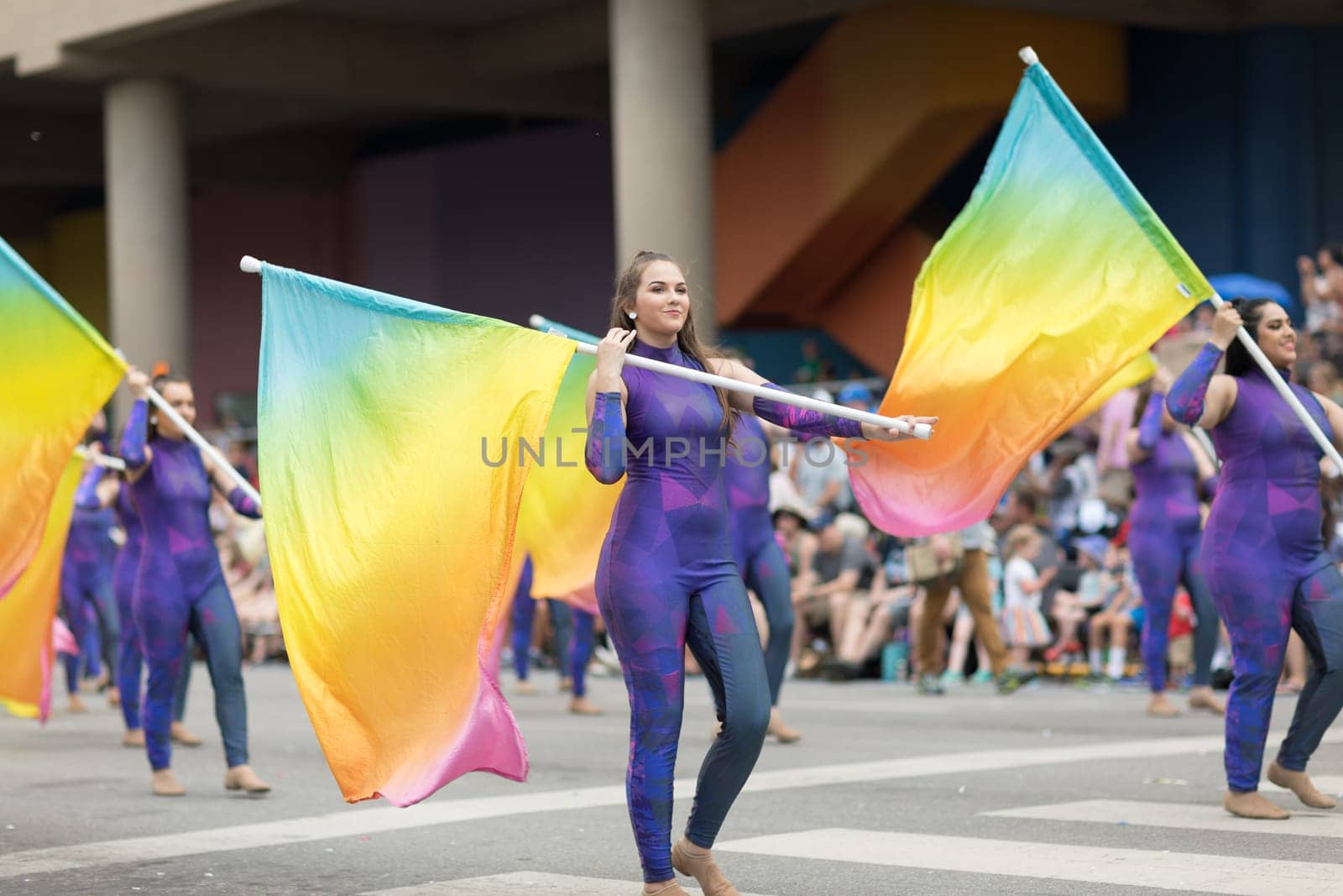 Indianapolis, Indiana, USA - May 26, 2018, Members of the Concord High School Marching Minutemen from Elkhart, Indiana perform at the Indy 500 Parade