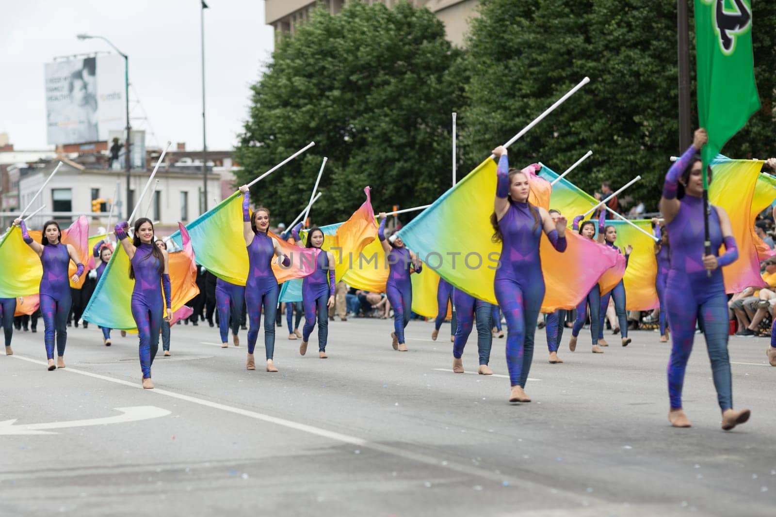 Indianapolis, Indiana, USA - May 26, 2018, Members of the Concord High School Marching Minutemen from Elkhart, Indiana perform at the Indy 500 Parade