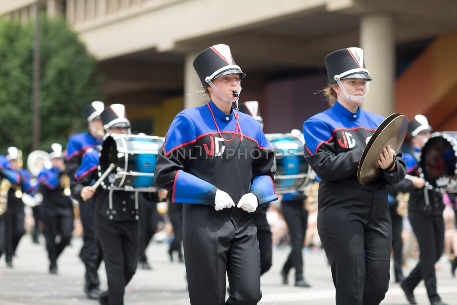 Indianapolis, Indiana, USA - May 26, 2018, The Jay County High School Marching Patriots perform at the Indy 500 Parade
