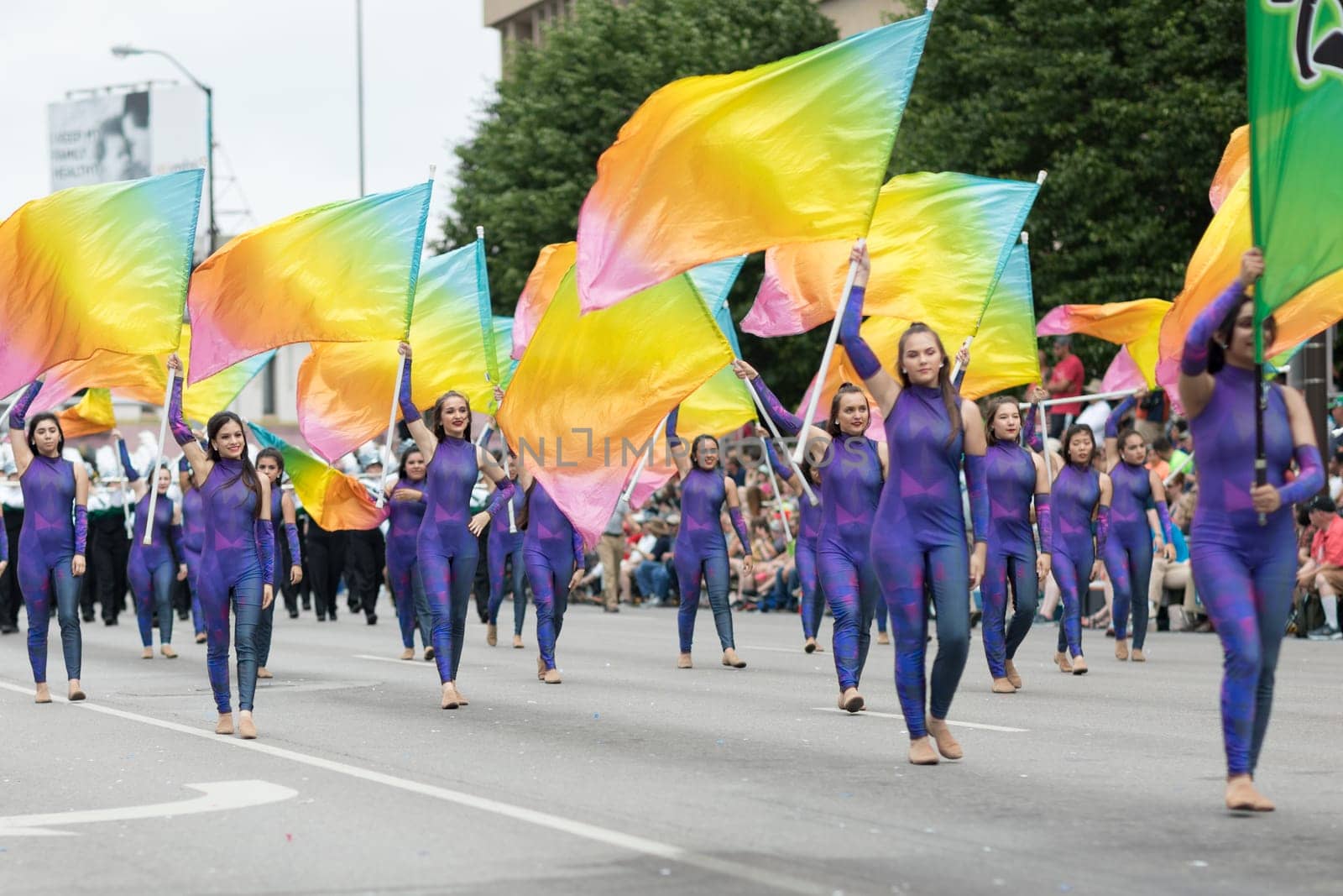 Indianapolis, Indiana, USA - May 26, 2018, Members of the Concord High School Marching Minutemen from Elkhart, Indiana perform at the Indy 500 Parade