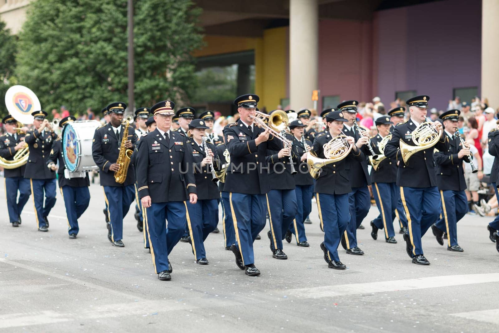 Indianapolis, Indiana, USA - May 26, 2018, The Indiana National Guard 38th Division marching band performs at the Indy 500 Parade