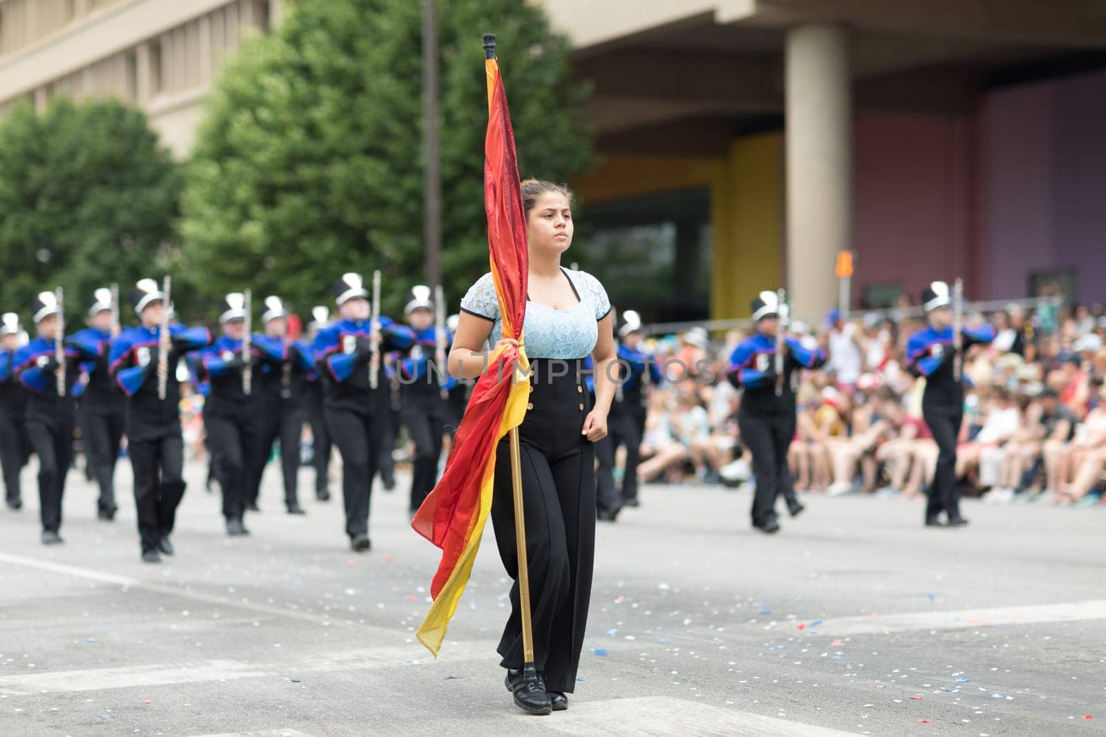Indianapolis, Indiana, USA - May 26, 2018, The Jay County High School Marching Patriots perform at the Indy 500 Parade