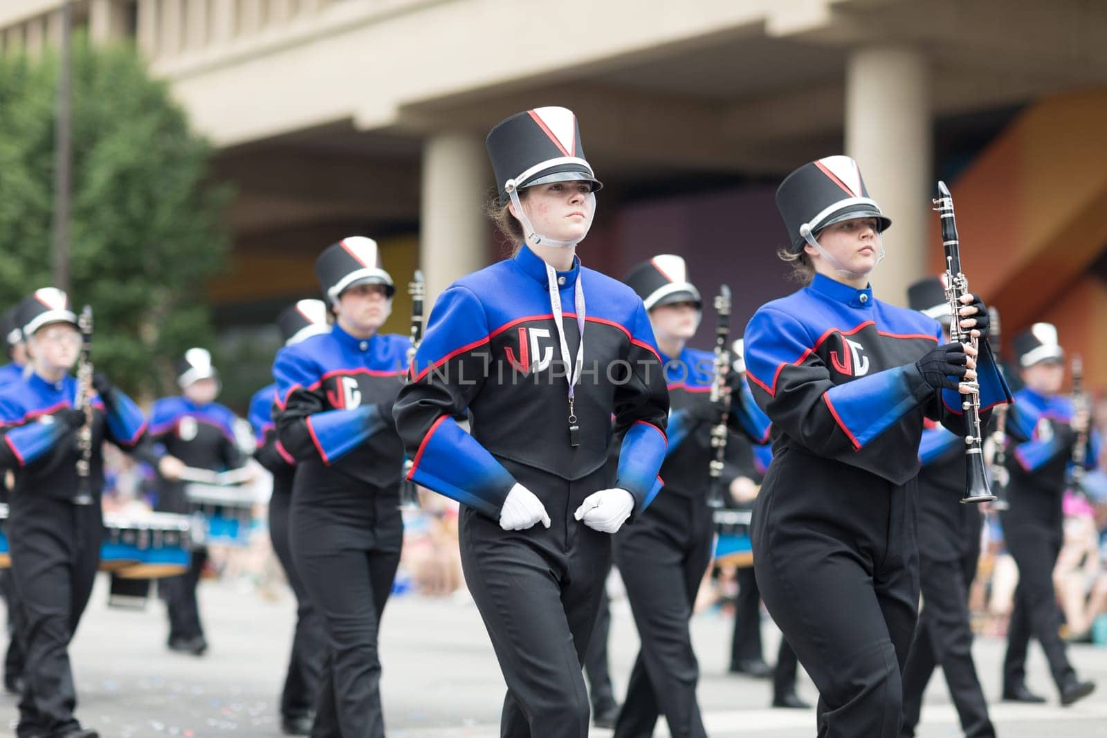Indianapolis, Indiana, USA - May 26, 2018, The Jay County High School Marching Patriots perform at the Indy 500 Parade