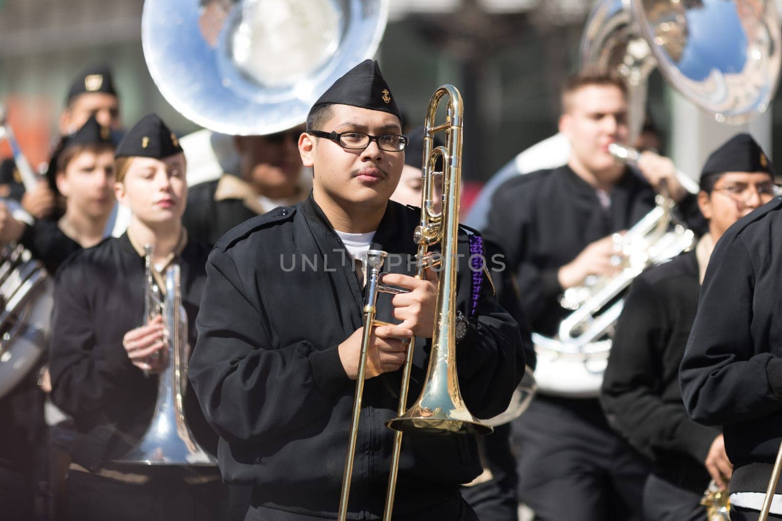 Chicago, Illinois, USA - April 29, 2018  Marching band playing during the Greek Independence  Day Parade