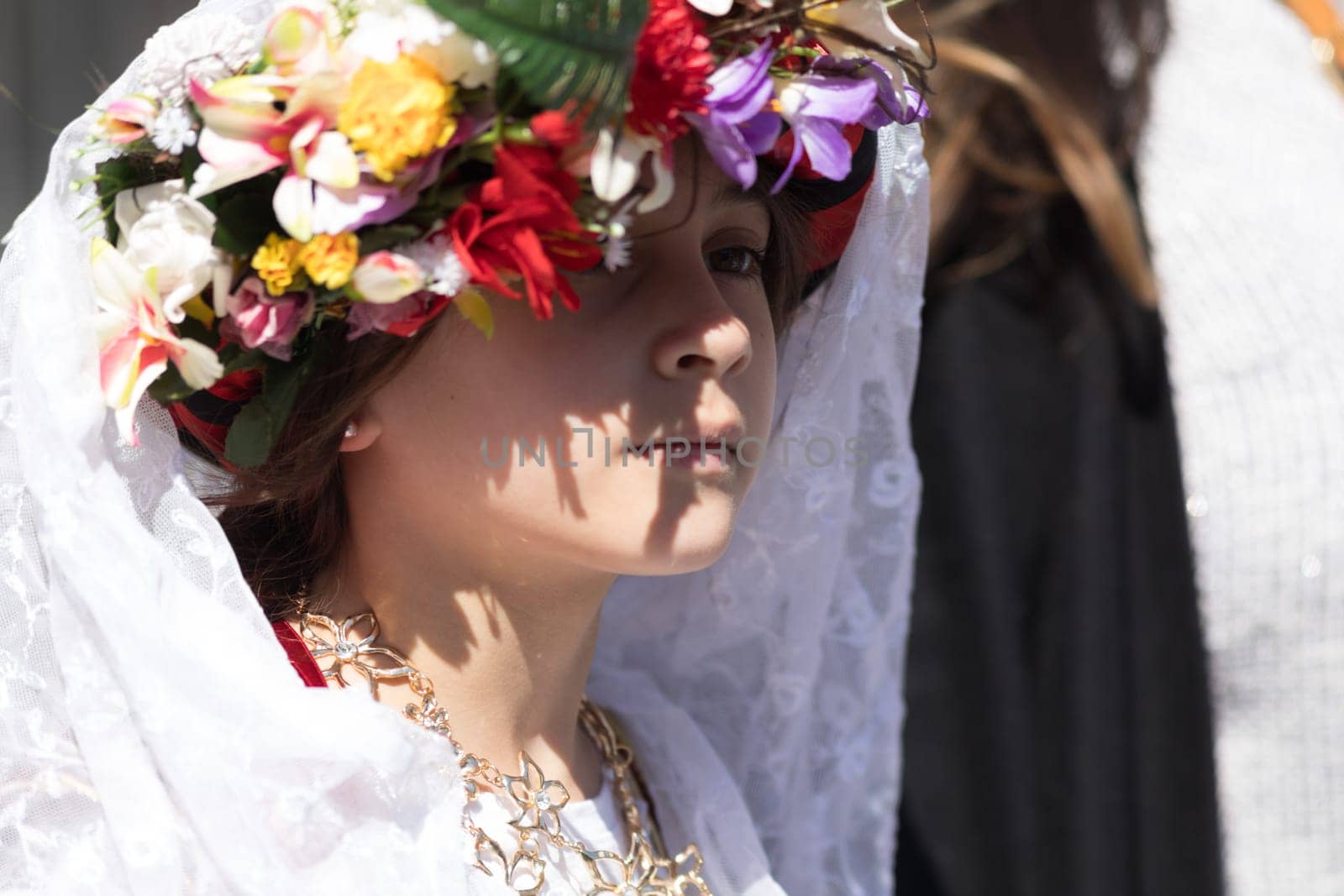 Chicago, Illinois, USA - April 29, 2018  Greek child wearing traditional clothing during the Greek Independence  Day Parade