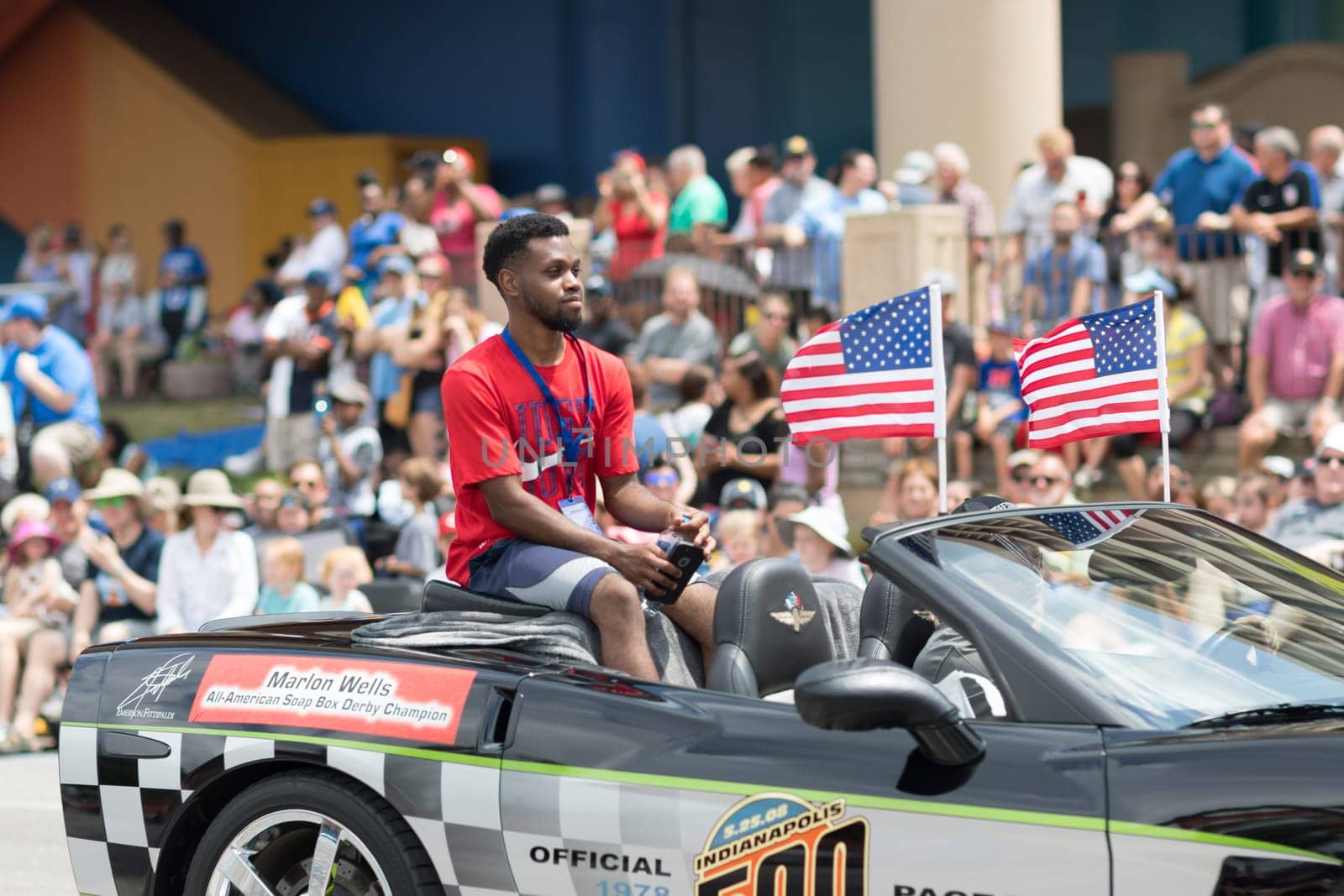 Indianapolis, Indiana, USA - May 26, 2018, Marlon Wells, All American Soap Box Derby Champion at the Indy 500 Parade