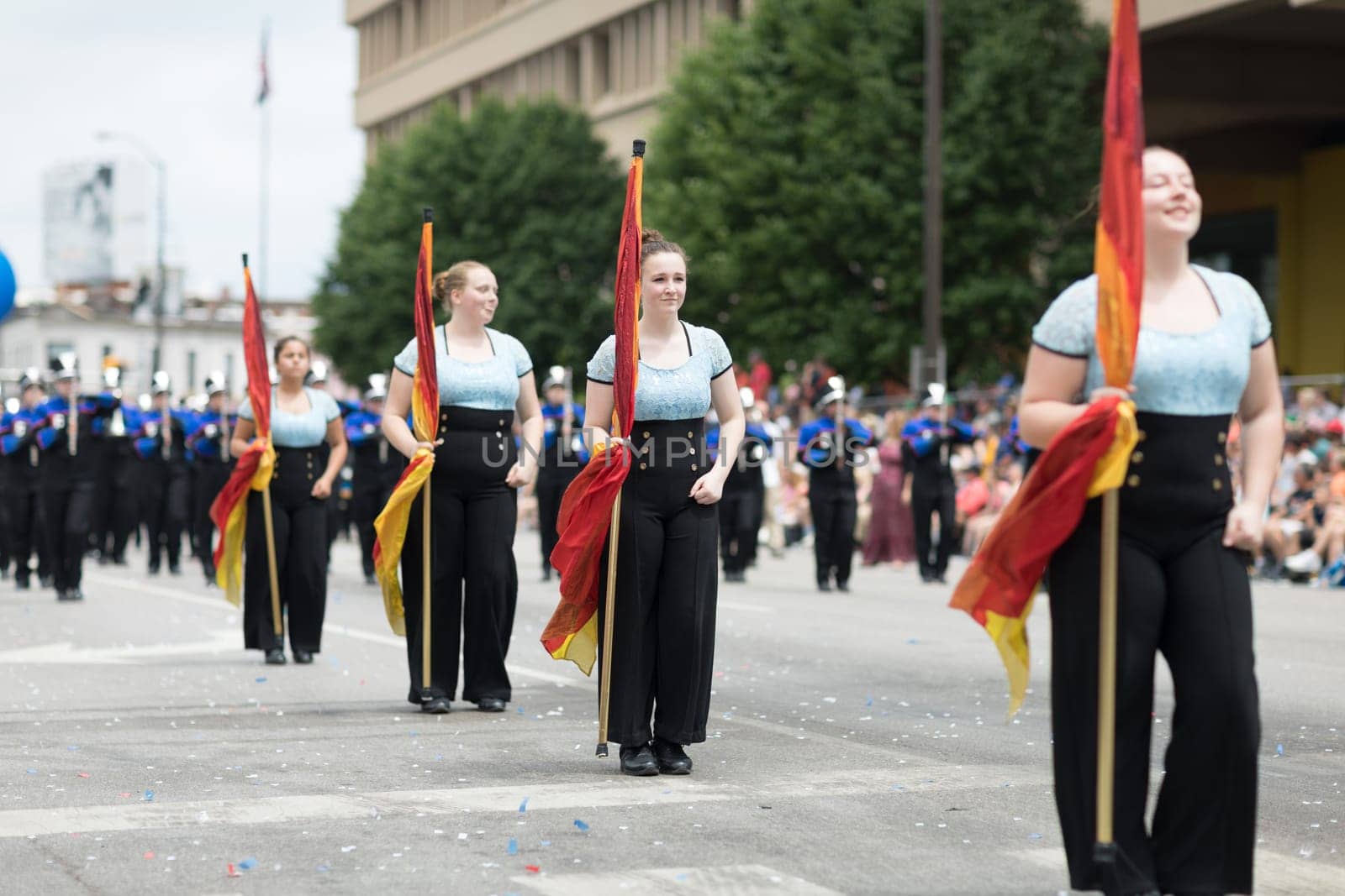 Indianapolis, Indiana, USA - May 26, 2018, The Jay County High School Marching Patriots perform at the Indy 500 Parade