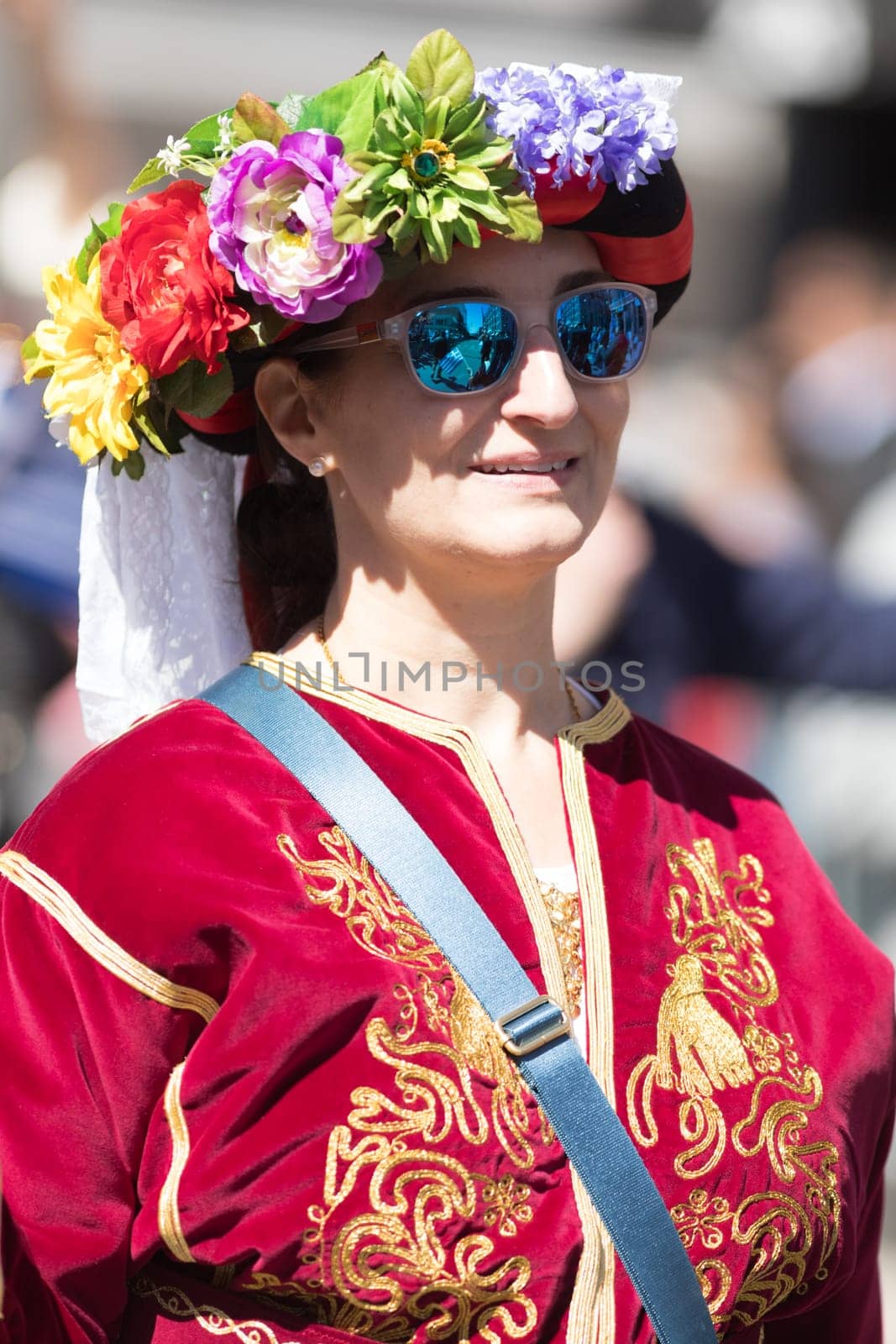 Chicago, Illinois, USA - April 29, 2018 Greek Woman wearing traditional clothing during the Greek Independence  Day Parade