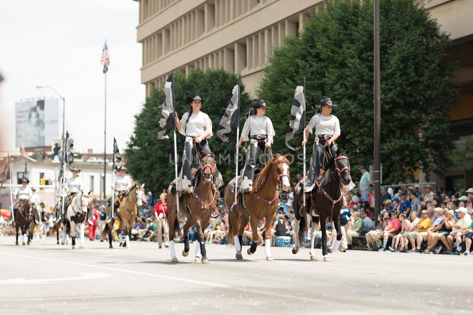 Indianapolis, Indiana, USA - May 26, 2018, Female horse riders doing stuns at the Indy 500 Parade