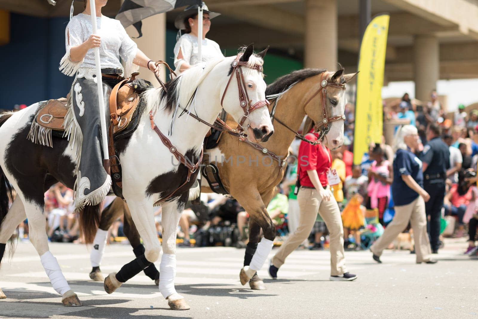 Indianapolis, Indiana, USA - May 26, 2018, Female horse riders doing stuns at the Indy 500 Parade