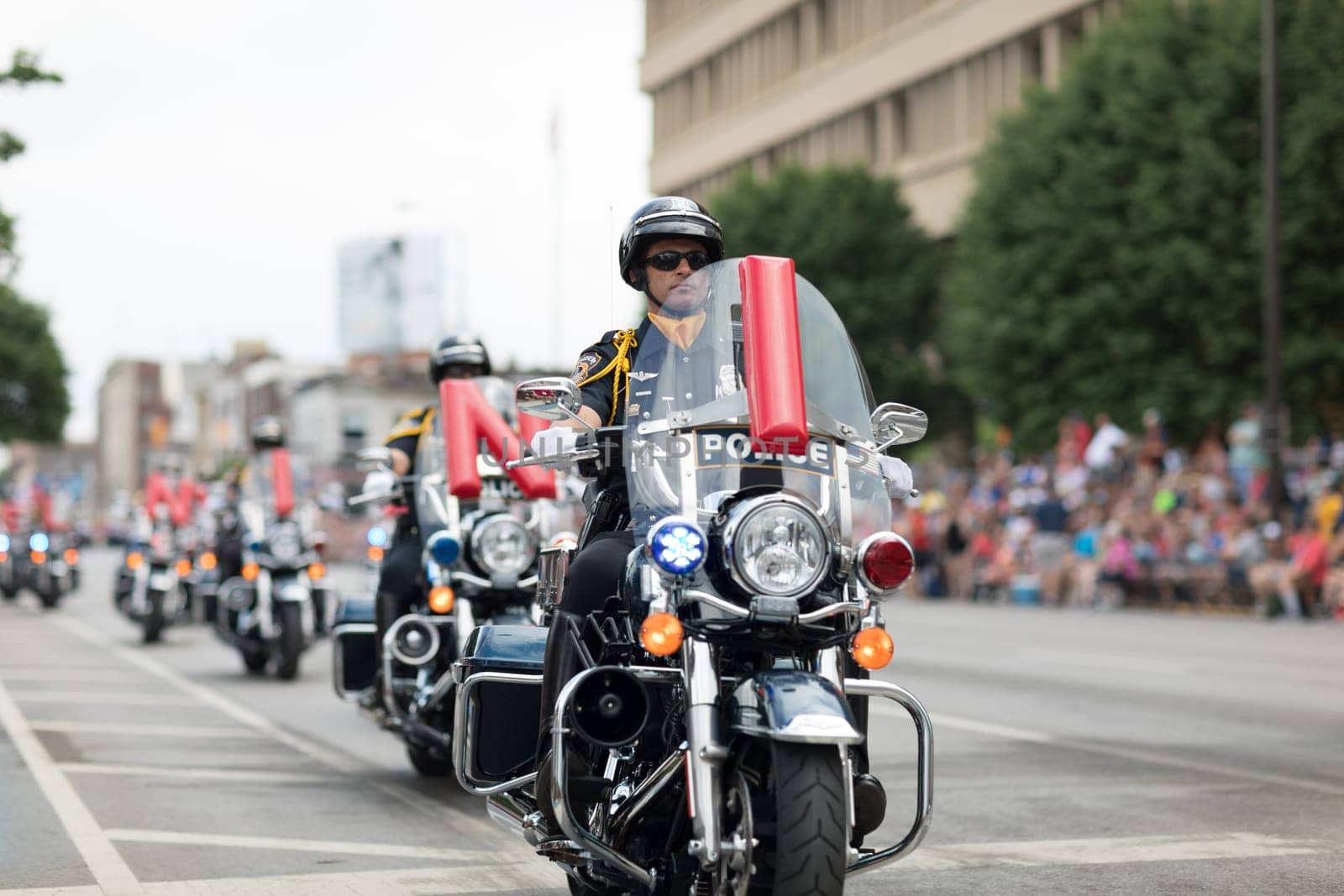 Indianapolis, Indiana, USA - May 26, 2018, The Indianapolis Metropolitan Police Motorcycle Drill Team performs at Indy 500 Parade