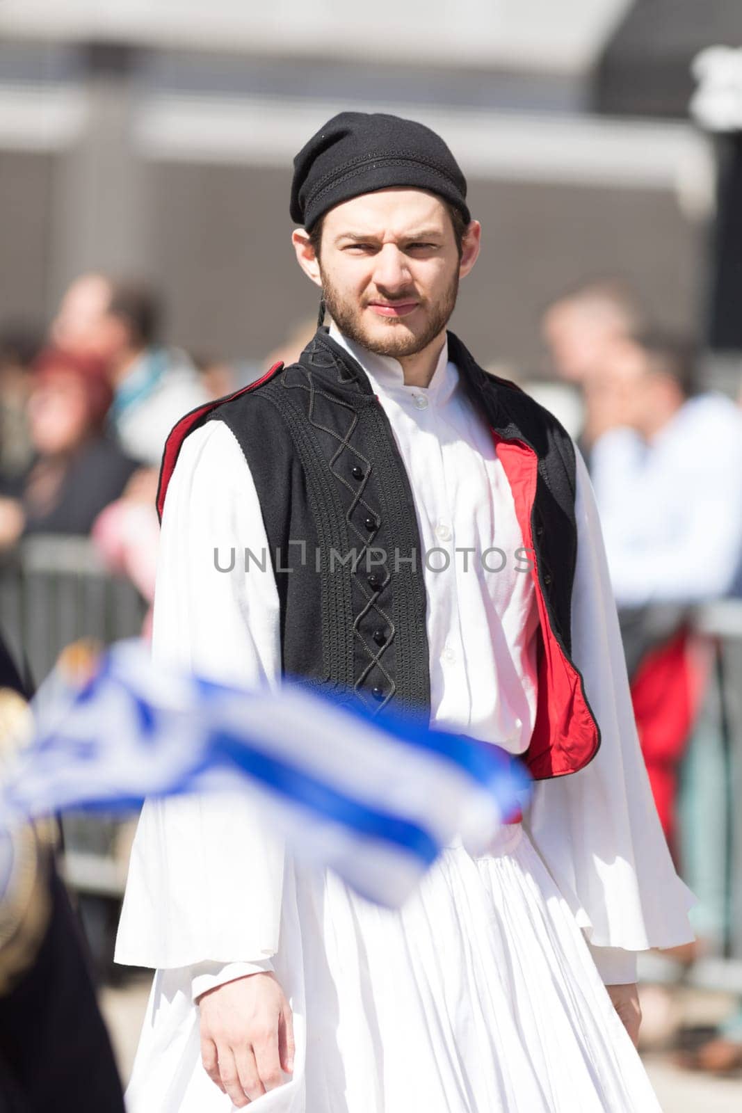 Chicago, Illinois, USA - April 29, 2018  Greek man wearing traditional clothing during the Greek Independence  Day Parade