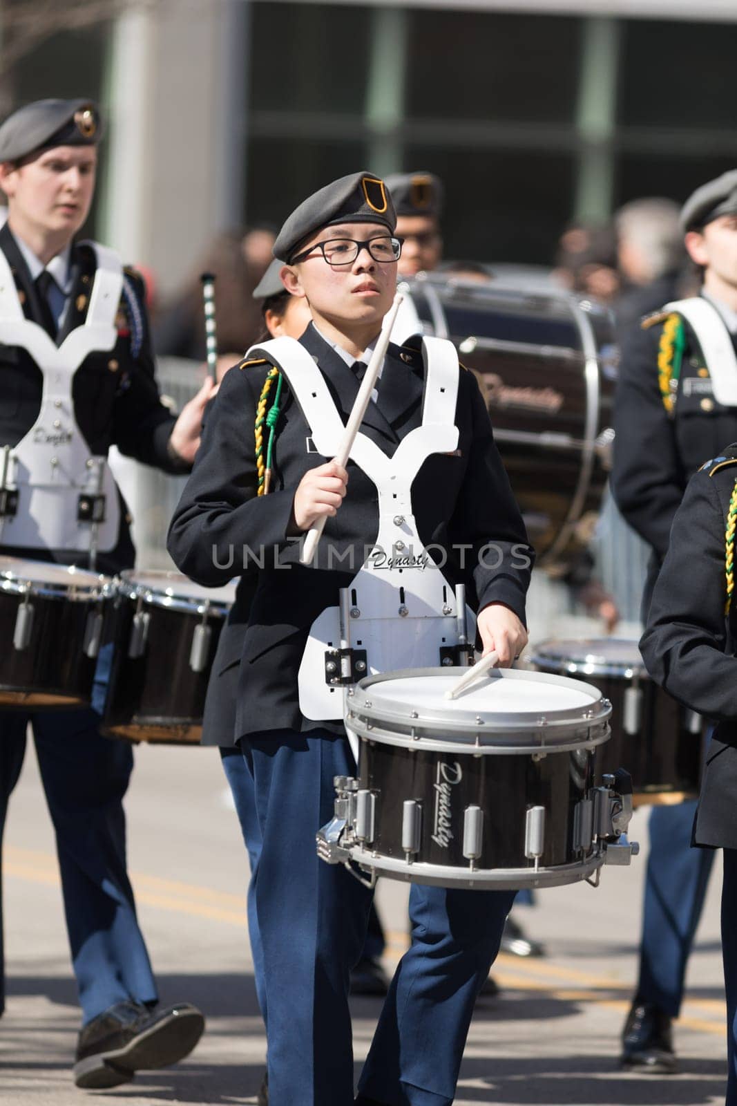 Chicago, Illinois, USA - April 29, 2018  Marching band from the Lane Tech High School performing at the Greek Independence  Day Parade