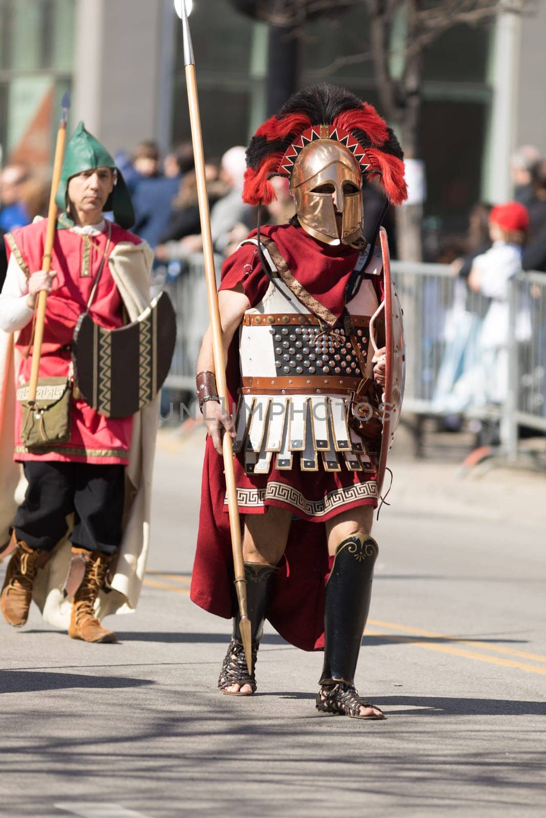 Chicago, Illinois, USA - April 29, 2018 Greek man dress up as spartan at the Greek Independence  Day Parade