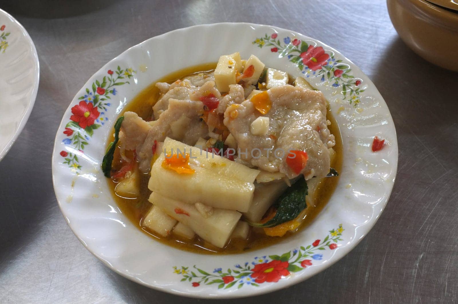 Stir fried  coconut shoot, fish ball , chilli with oyster sauce