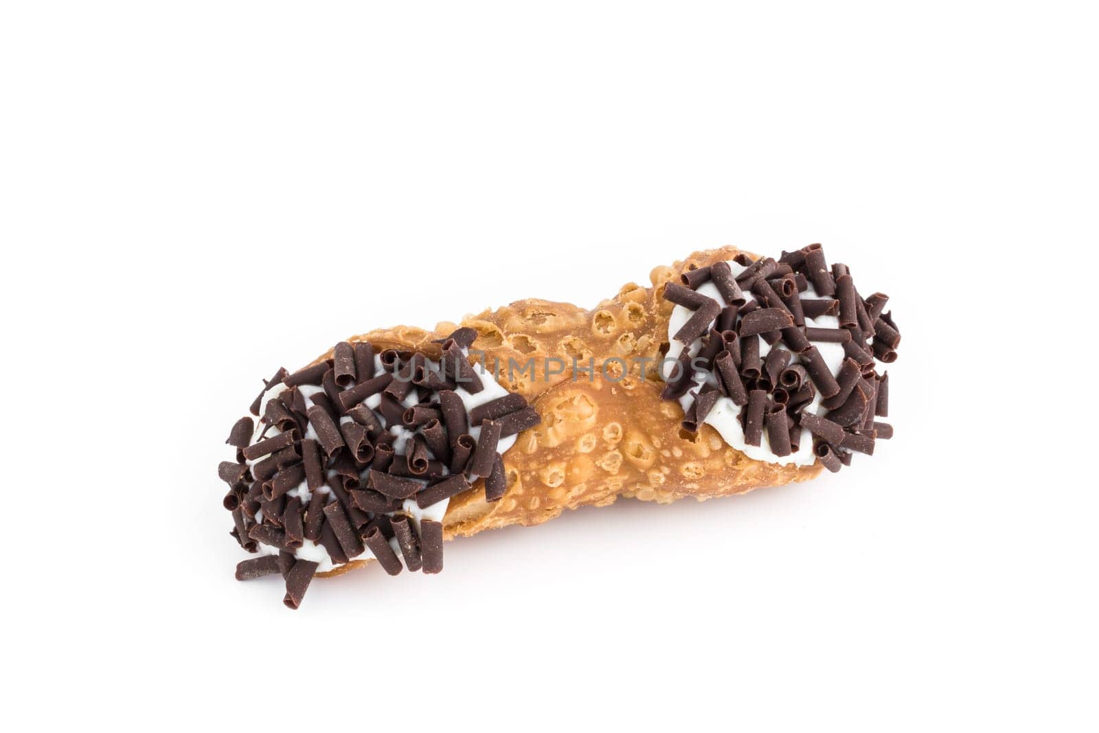 Sicilian cannolo with flakes of chocolate, isolated on white background.