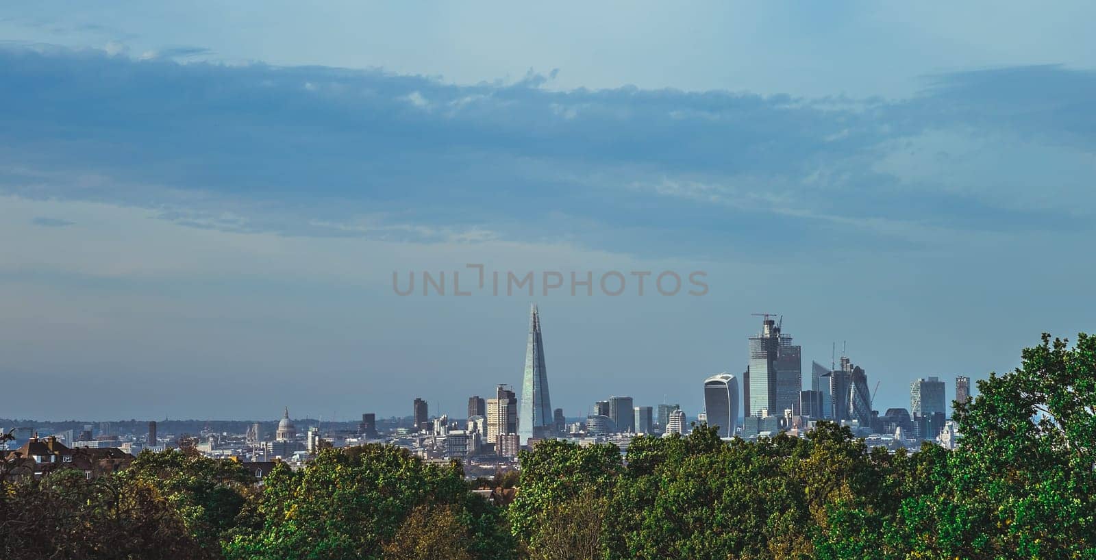 Skyscrapers in City of London as seen from the park in Forrest Hill