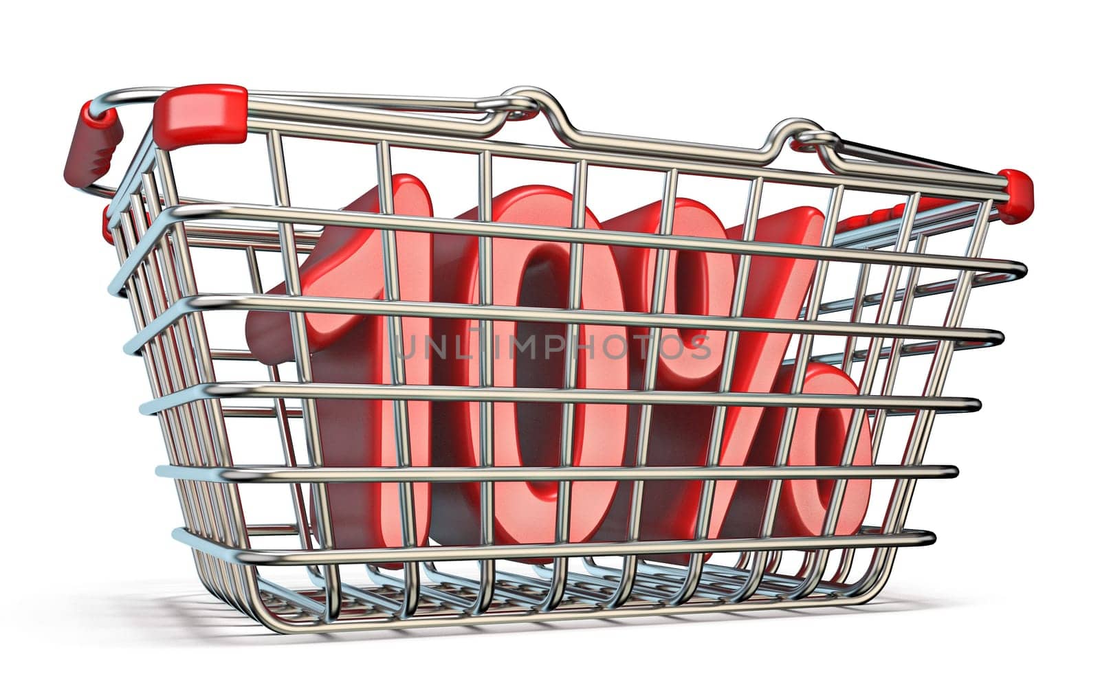 Steel shopping basket 10 PERCENT sign 3D render illustration isolated on white background