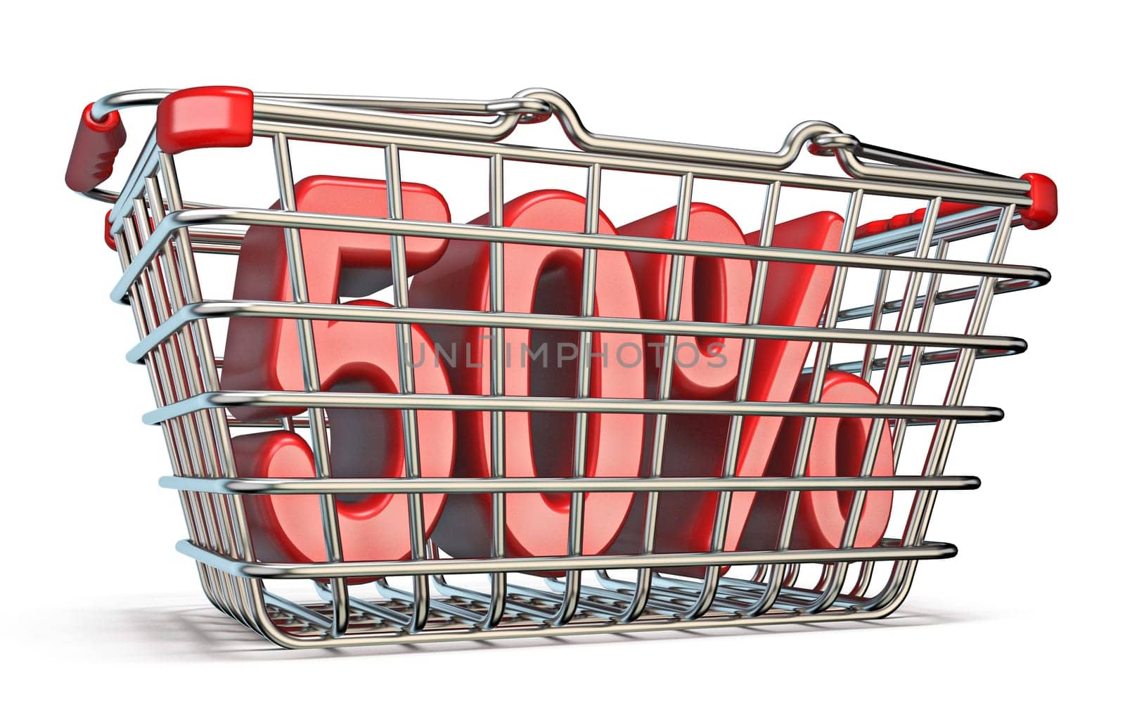 Steel shopping basket 50 PERCENT sign 3D render illustration isolated on white background
