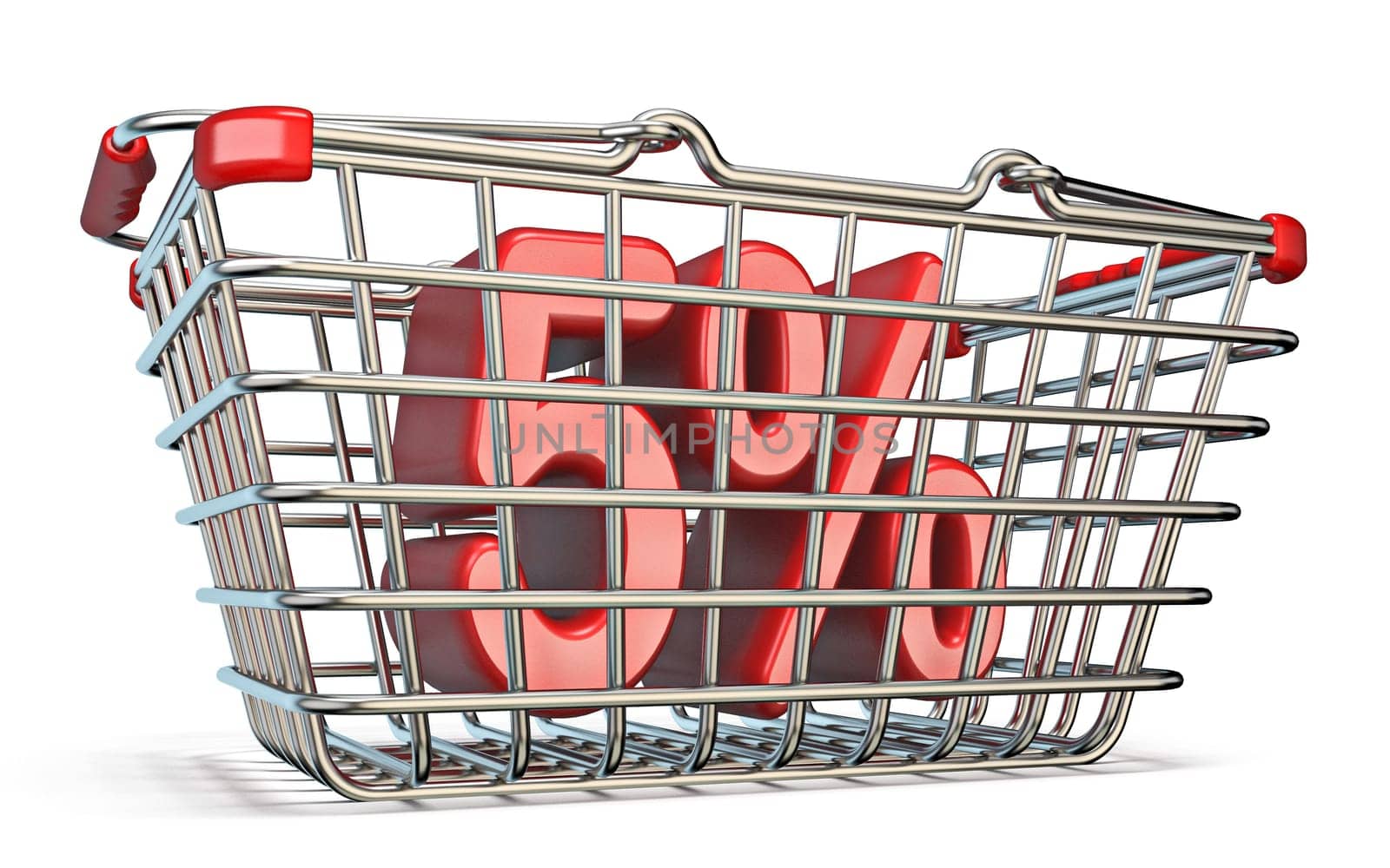 Steel shopping basket 5 PERCENT sign 3D render illustration isolated on white background